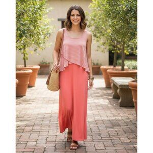 Chelsea & Theodore Coral Pink Striped Sleeveless Maxi Dress XL Relaxed Summer Fi